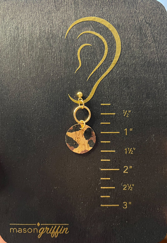 Animal Print Cork Disk and Gold Hoop Drop Pierced Earrings