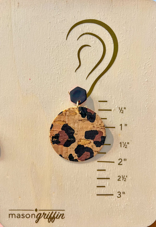 Animal Print Large Cork Disks with Black Hex Stud Pierced Earrings
