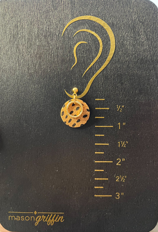 Black Dot Cork Disk and Gold Hoop Drop Pierced Earrings