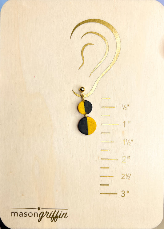 Black and Yellow Textured Dual Disk Drop Pierced Earrings