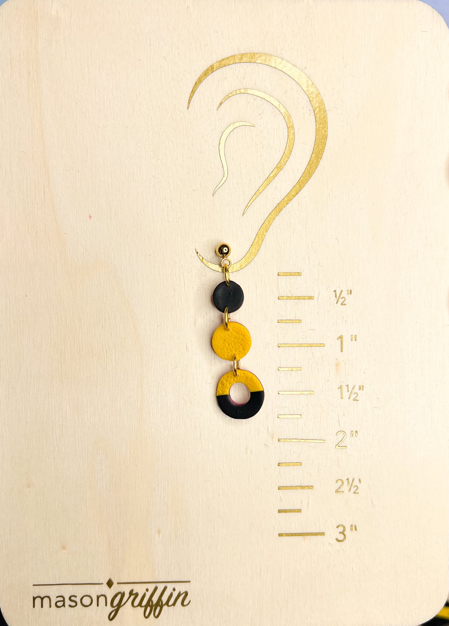 Black and Yellow Textured Tri Disk Drop Pierced Earrings