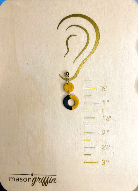 Black and Yellow Textured Dual Circle Drop Pierced Earrings