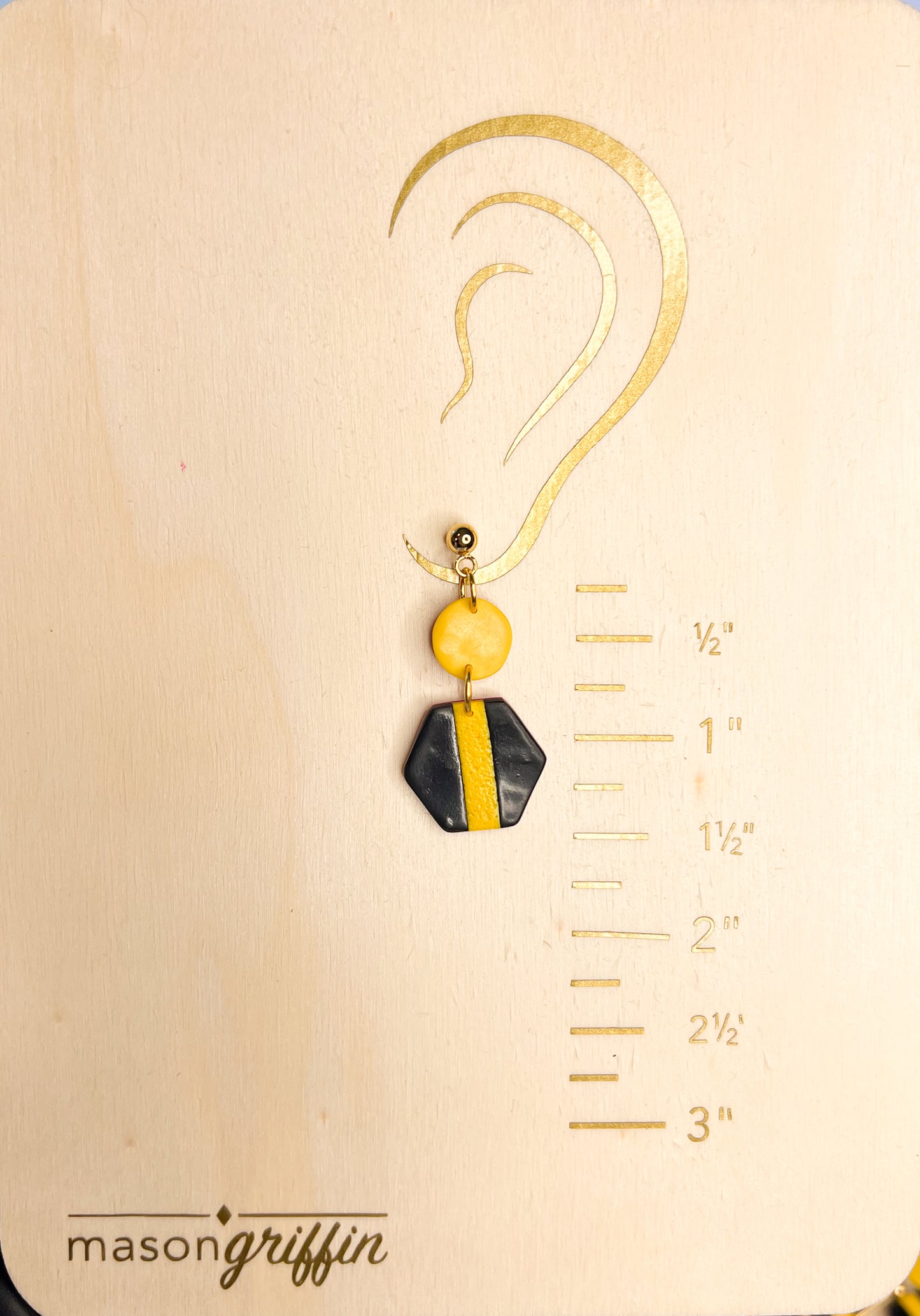 Black and Yellow Hex Stripe Yellow Disk Drop Pierced Earrings