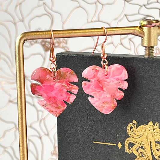 Pink Marble Monstera Drop Pierced Earrings