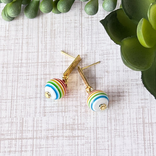 Rainbow Stripe Medium Sphere Drop with Gold Bar Pierced Earrings