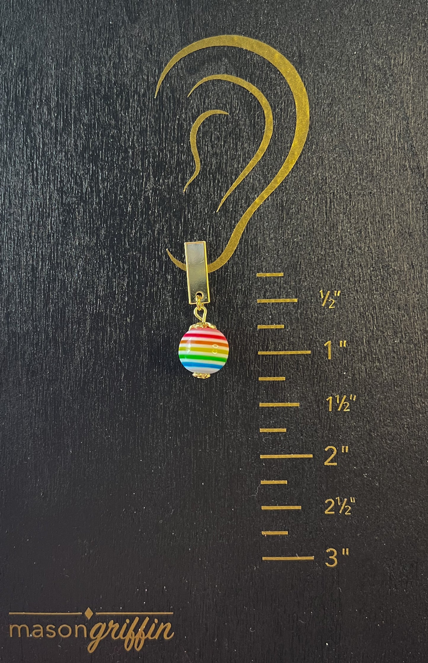 Rainbow Stripe Medium Sphere Drop with Gold Bar Pierced Earrings