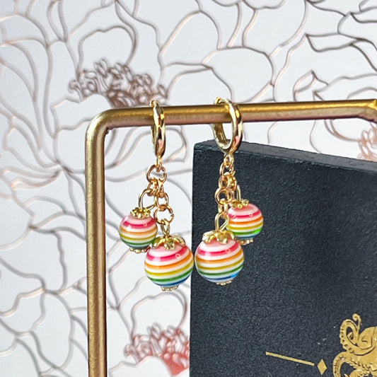 Rainbow Stripe Duo Sphere Drop with Gold Hug Hoops Pierced Earrings