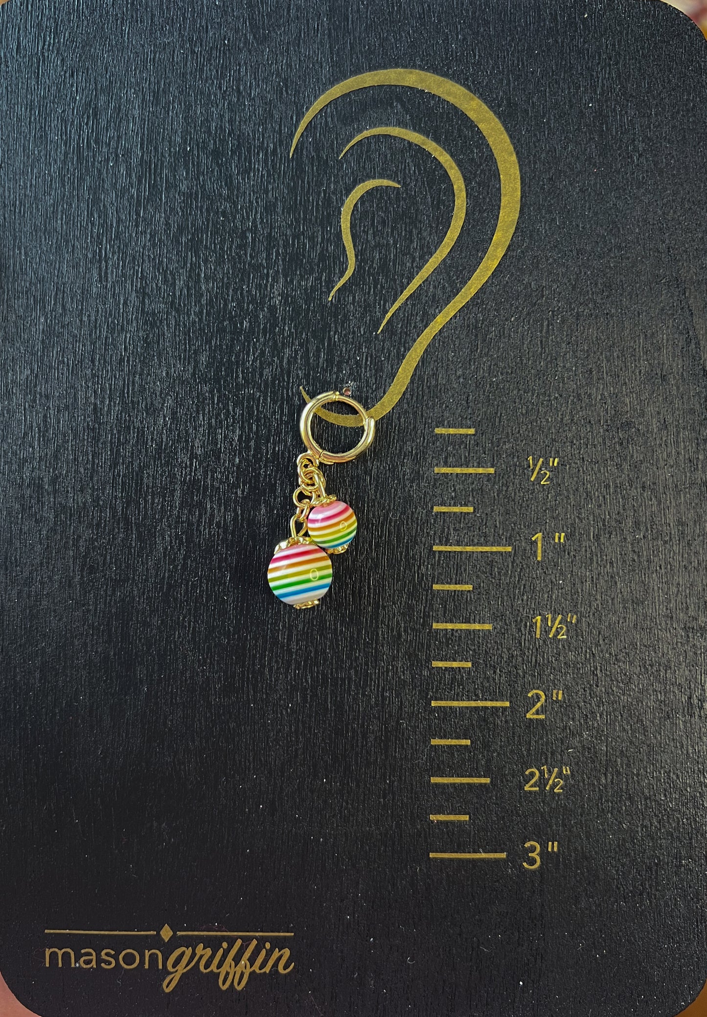 Rainbow Stripe Duo Sphere Drop with Gold Hug Hoops Pierced Earrings