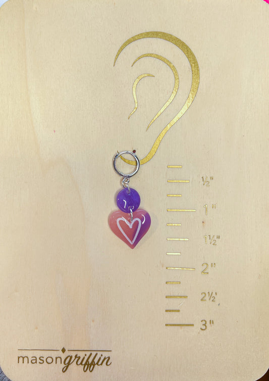 Lilac Sheer Solo Heart with Silver Hug Hoop Drop Pierced Earrings