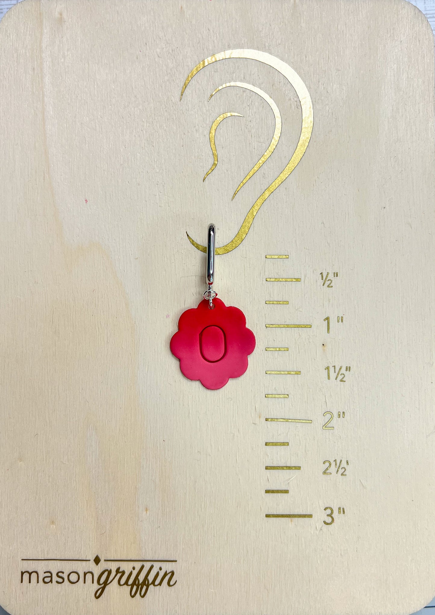 Red Ombre Embossed Flower with Silver Square Hoop Pierced Earrings