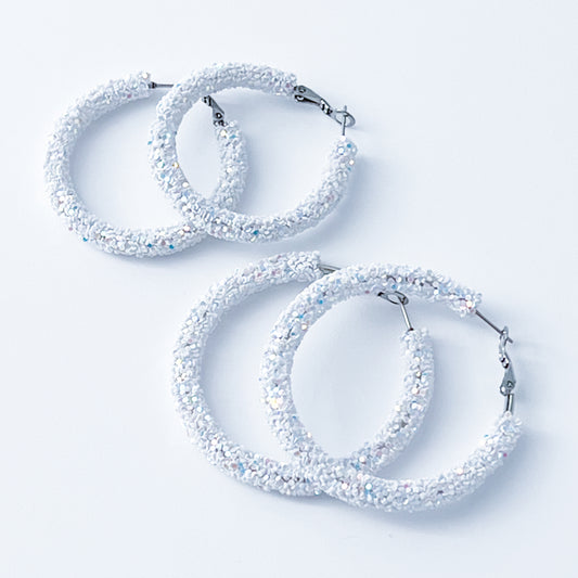 White Party Sparkle Medium Hoop Pierced Earrings