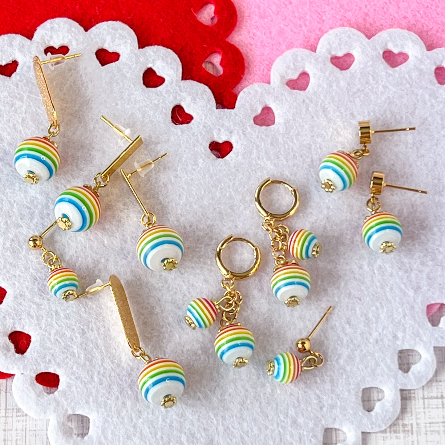 Rainbow Stripe Med Sphere Drop with Gold Disk Pierced Earrings