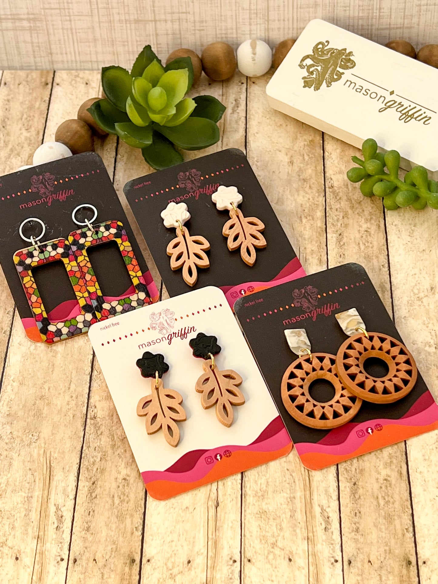 Stained-Glass Look Wood Rectangles with Silver Circle Stud Dangle Pierced Earrings