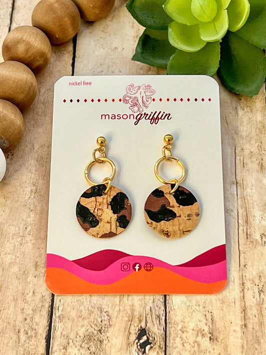 Animal Print Cork Disk and Gold Hoop Drop Pierced Earrings