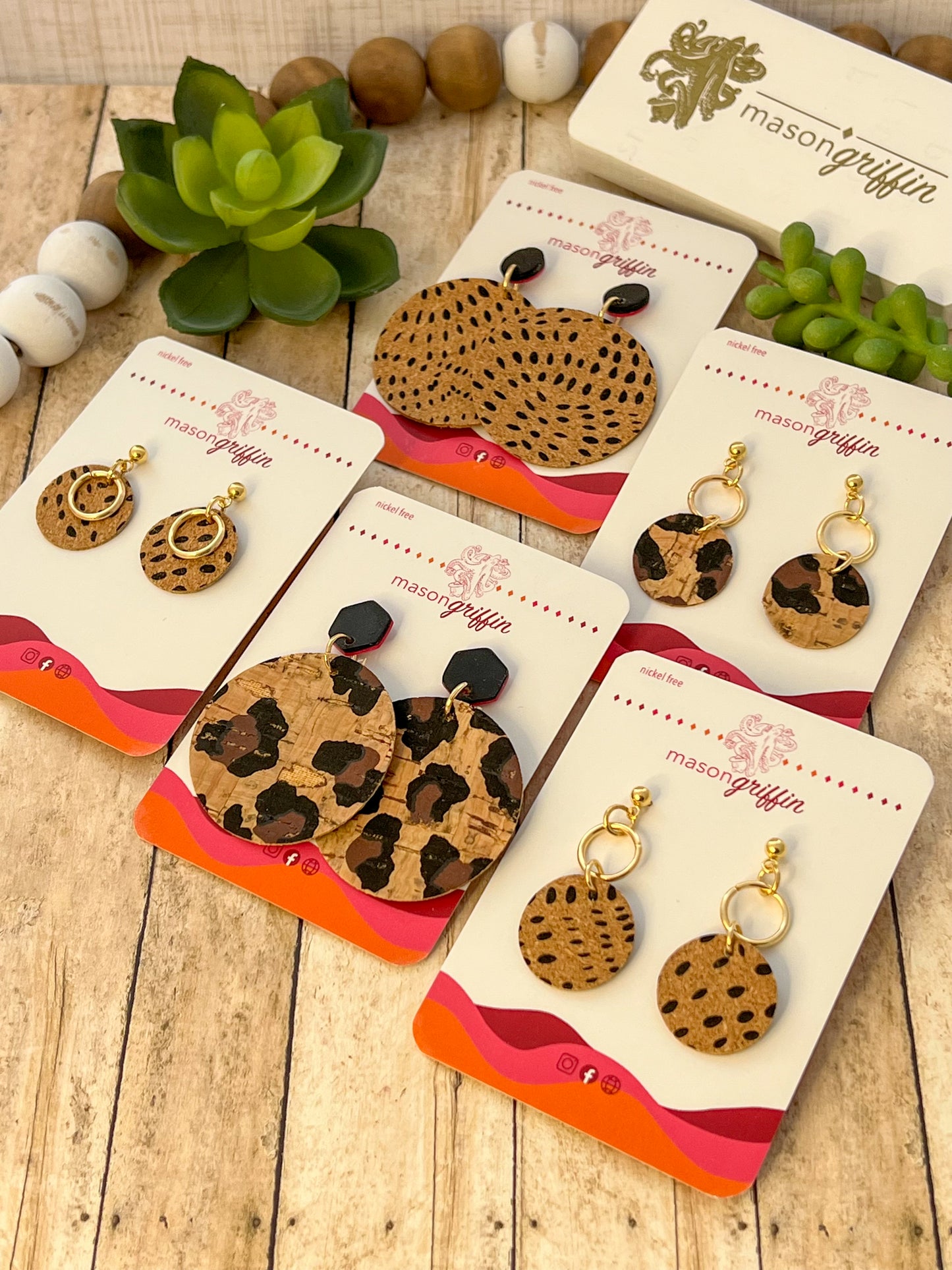 Black Dot Cork Disk and Gold Hoop Drop Pierced Earrings