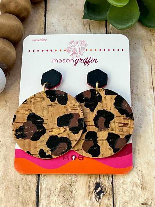 Animal Print Large Cork Disks with Black Hex Stud Pierced Earrings