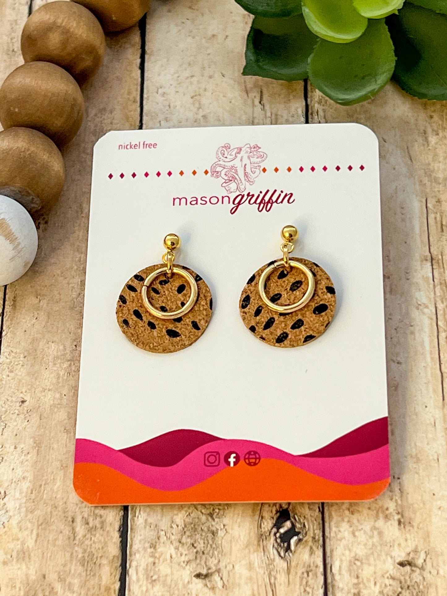 Black Dot Cork Disk and Gold Hoop Drop Pierced Earrings