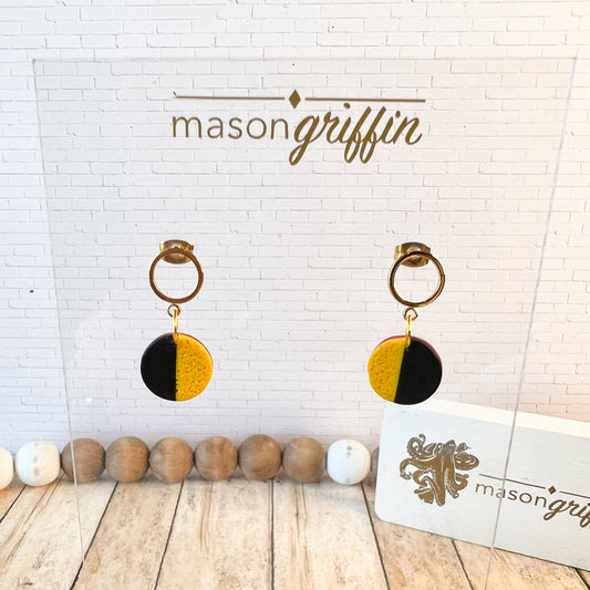 Black and Yellow Textured Disk Drop Pierced Earrings