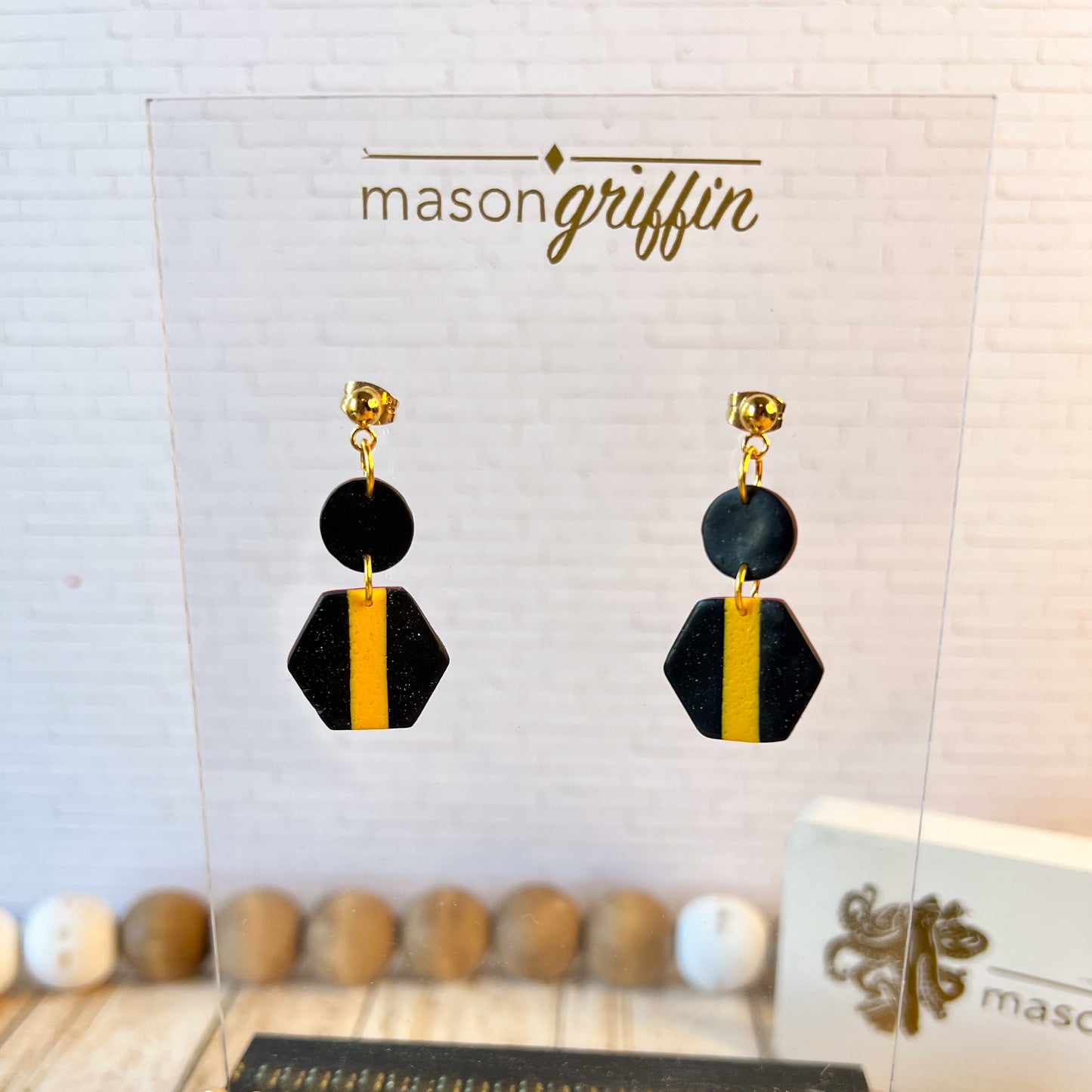 Black and Yellow Hex Stripe Drop Pierced Earrings