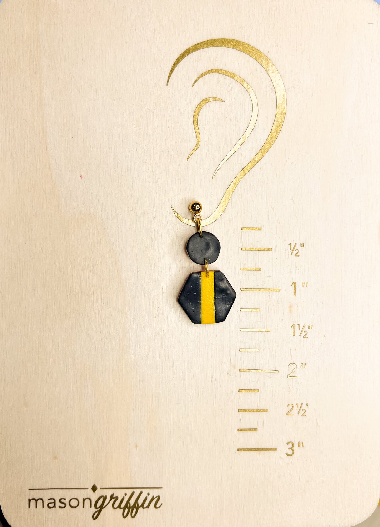 Black and Yellow Hex Stripe Drop Pierced Earrings