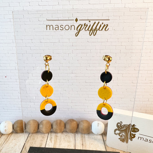 Black and Yellow Textured Tri Disk Drop Pierced Earrings