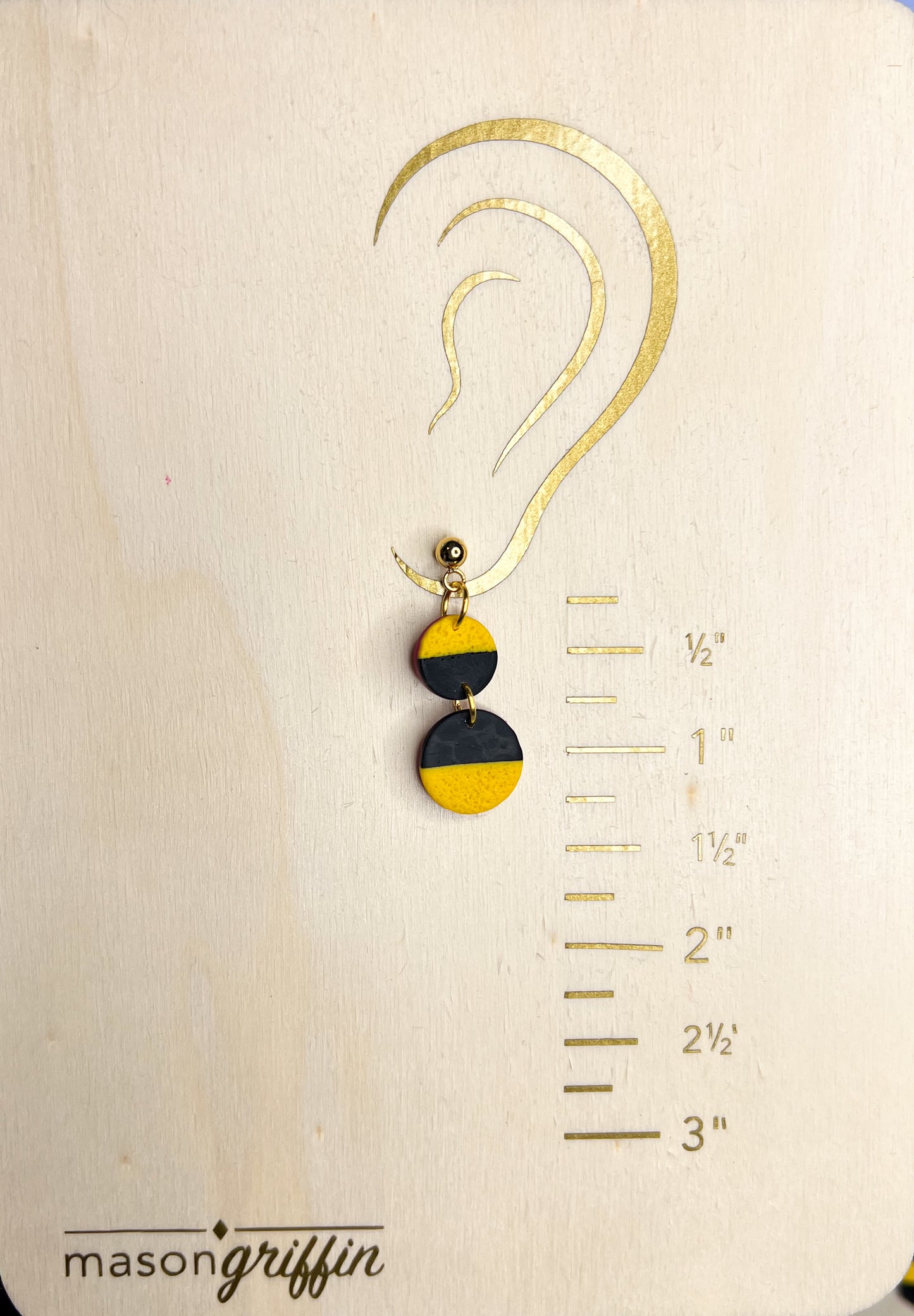 Black and Yellow Textured Dual Disk 2 Drop Pierced Earrings