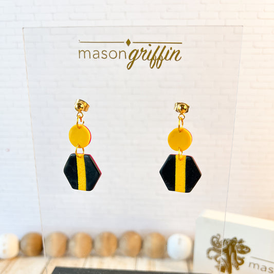 Black and Yellow Hex Stripe Yellow Disk Drop Pierced Earrings