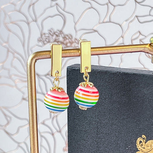 Rainbow Stripe Medium Sphere Drop with Gold Bar Pierced Earrings