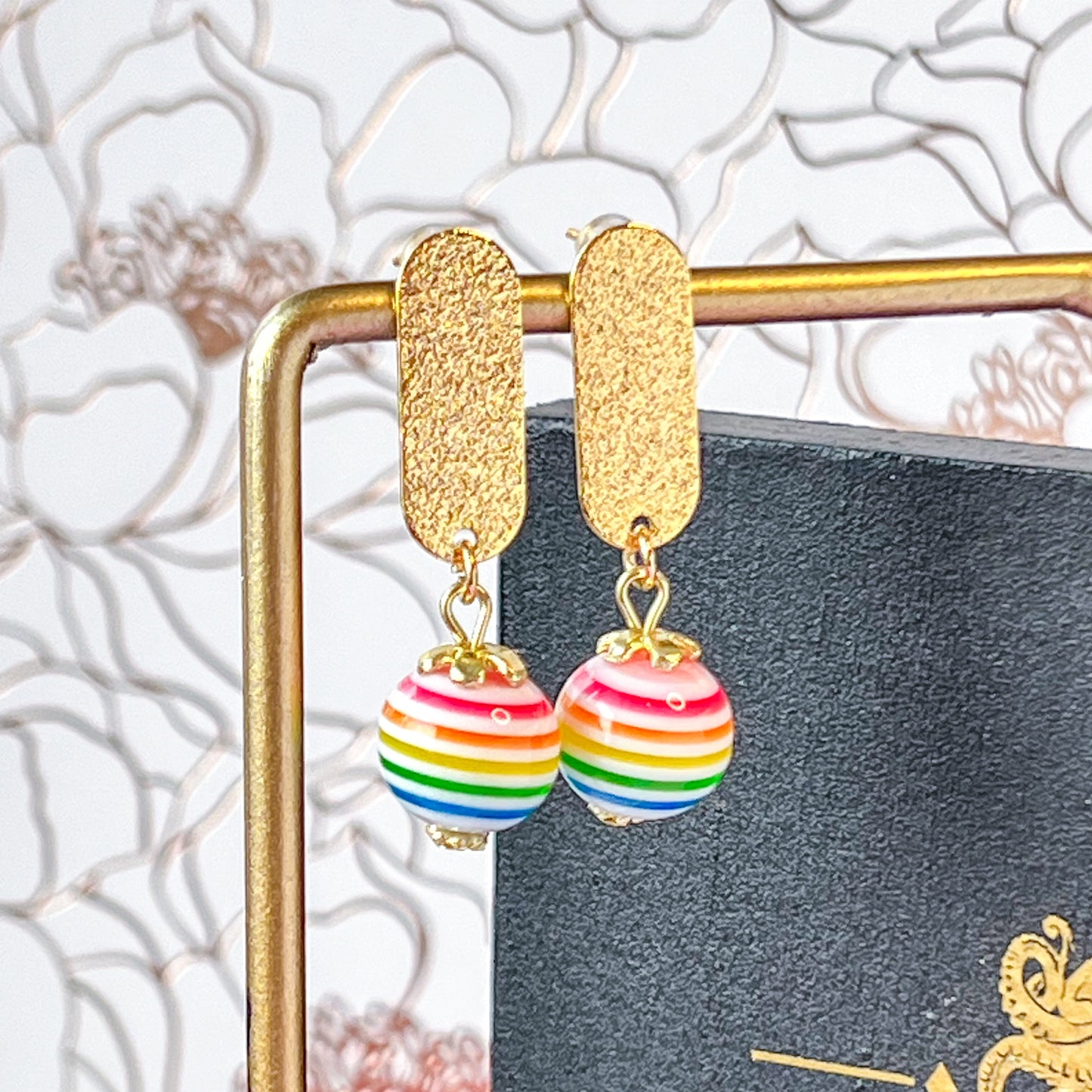 Rainbow Stripe Large Sphere Drop with Brushed Gold Oval Pierced Earrings