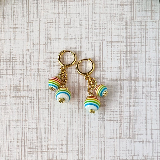 Rainbow Stripe Duo Sphere Drop with Gold Hug Hoops Pierced Earrings