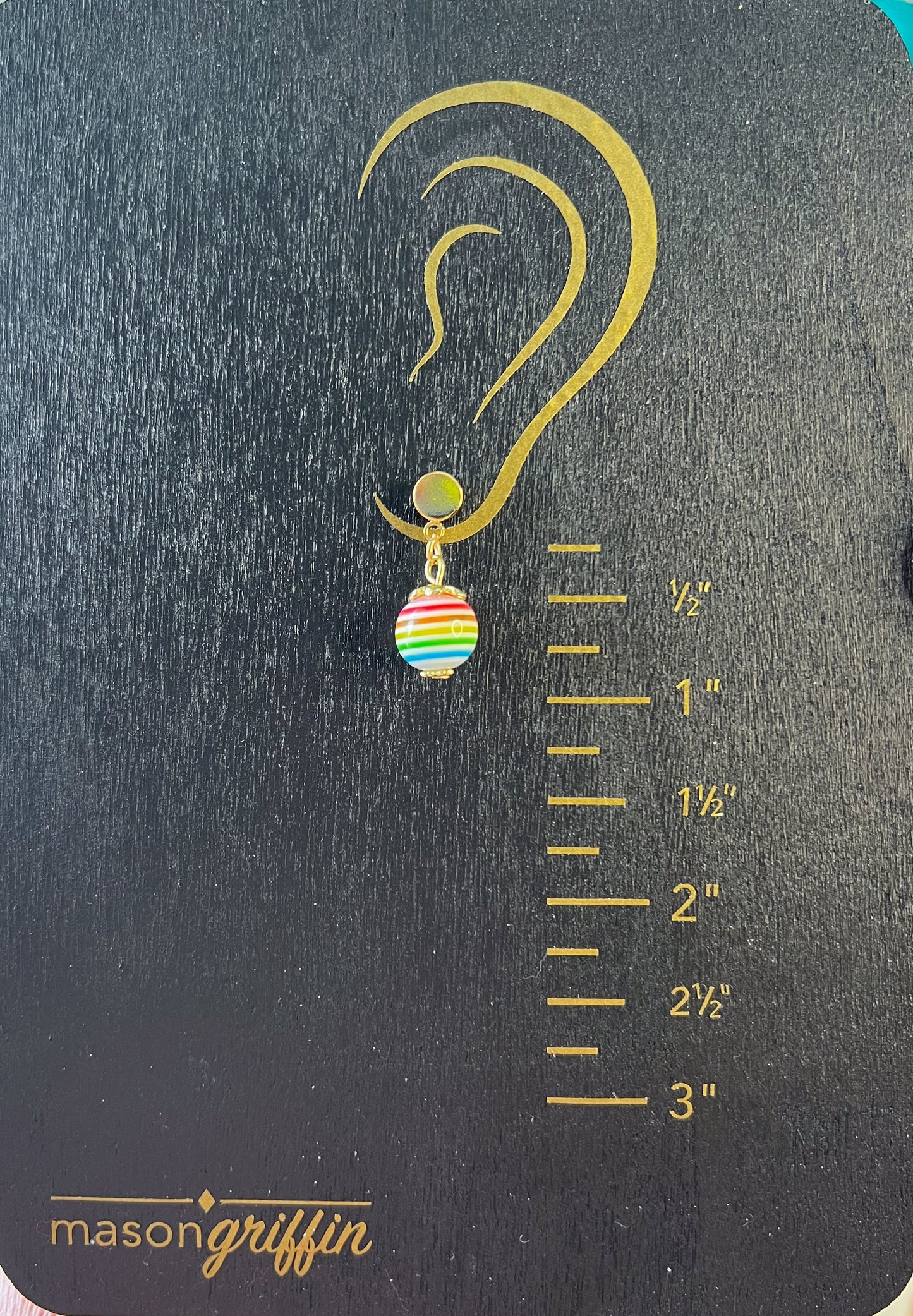 Rainbow Stripe Med Sphere Drop with Gold Disk Pierced Earrings