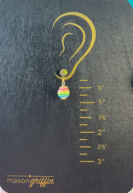 Rainbow Stripe Med Sphere Drop with Gold Disk Pierced Earrings