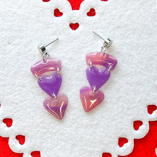 Lilac Sheer Duo Hearts Drop Pierced Earrings