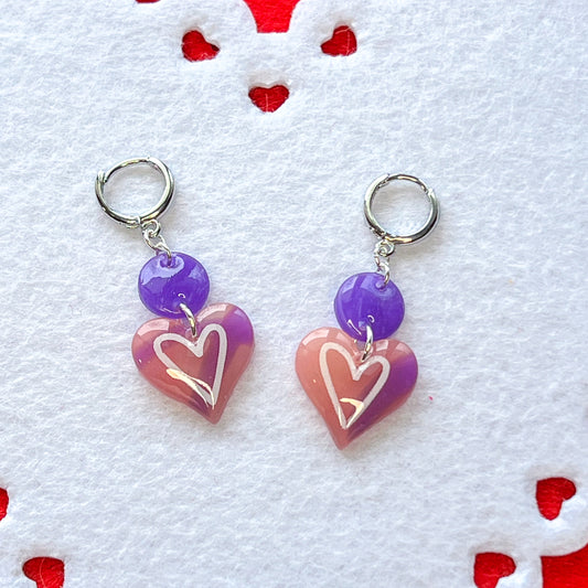 Lilac Sheer Solo Heart with Silver Hug Hoop Drop Pierced Earrings