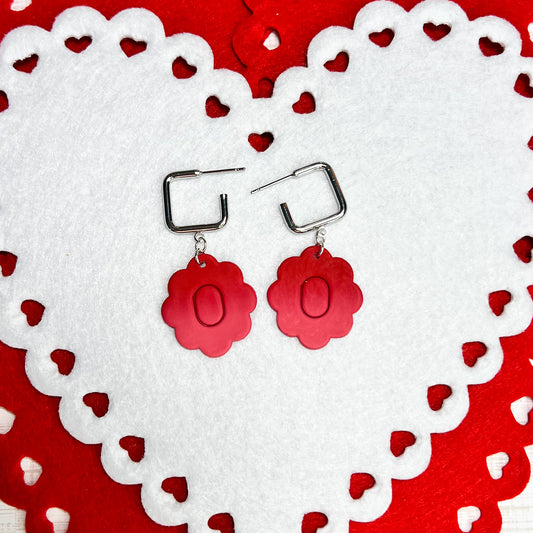 Red Ombre Embossed Flower with Silver Square Hoop Pierced Earrings