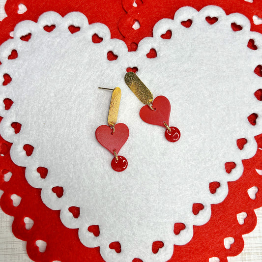 Red Ombre Heart Droplet with Brushed Gold Oval Pierced Earrings