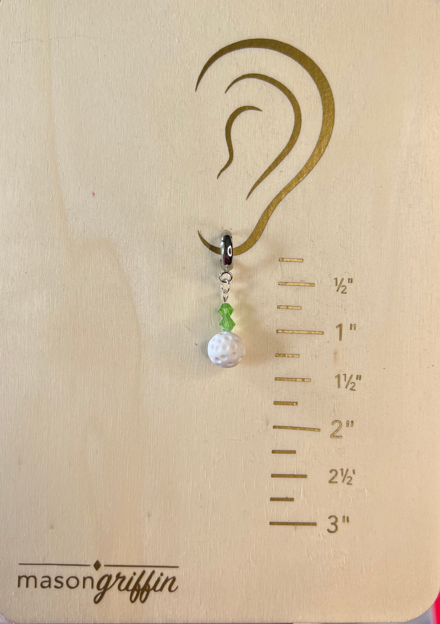 White Golf Ball with Green Sparkle Dangle Pierced Earrings