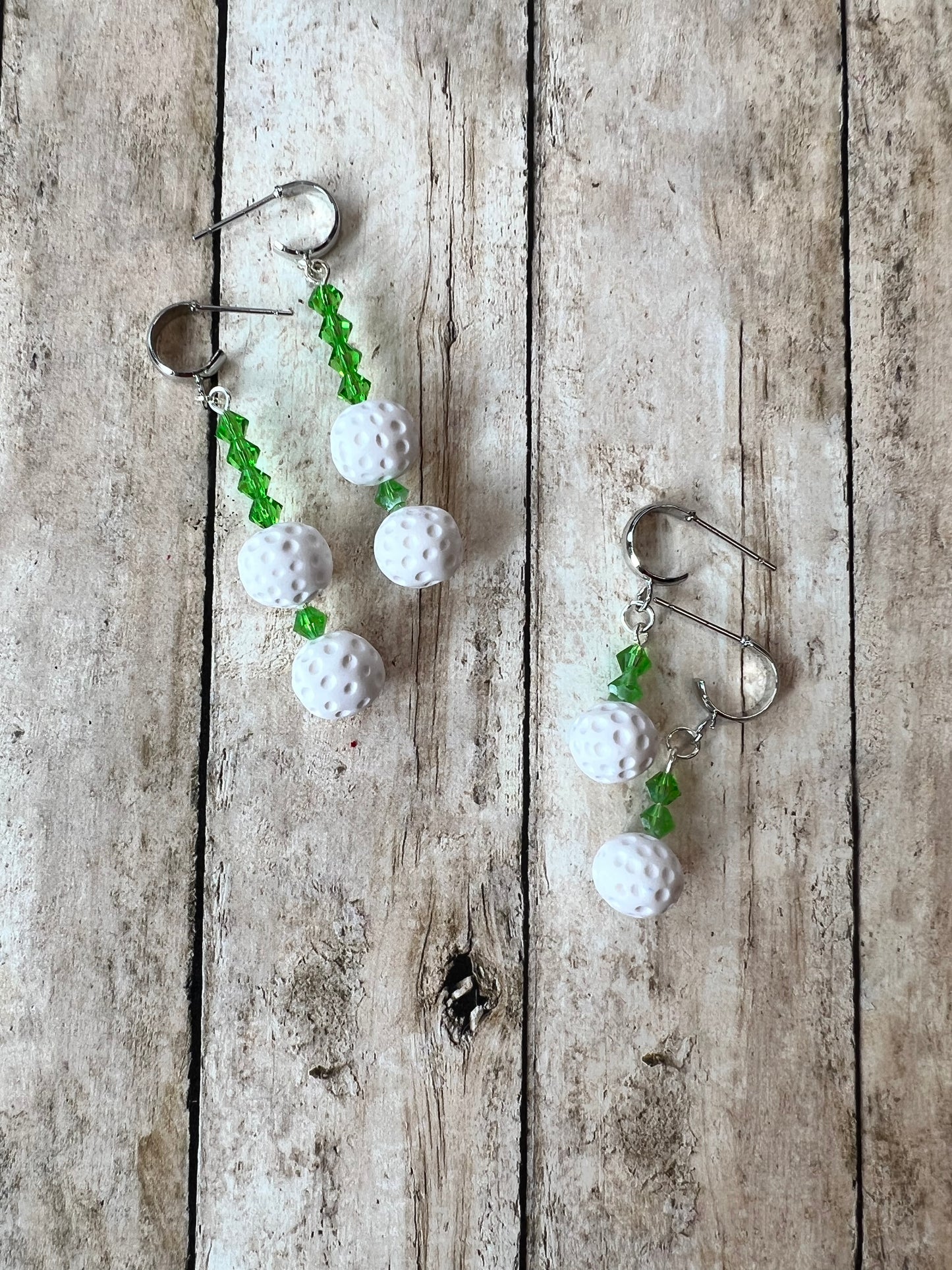 White Golf Ball with Green Sparkle Dangle Pierced Earrings