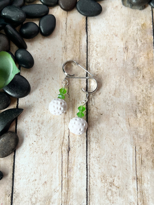 White Golf Ball with Green Sparkle Dangle Pierced Earrings