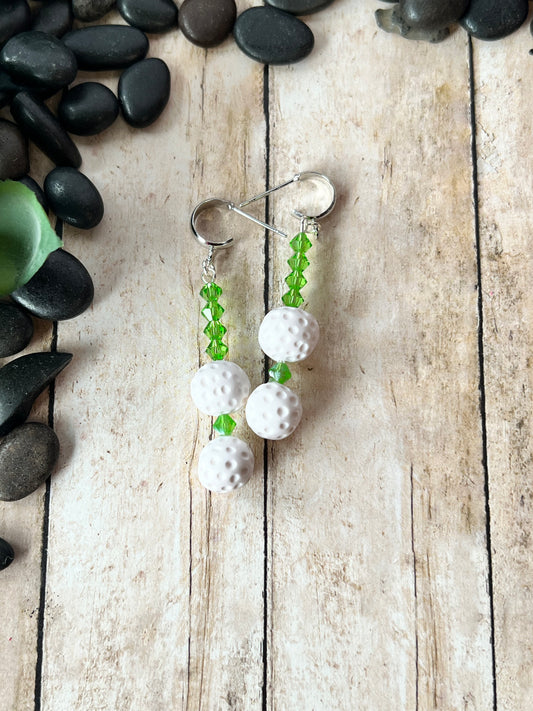 White Golf Ball double with Green Sparkle Dangle Pierced Earrings