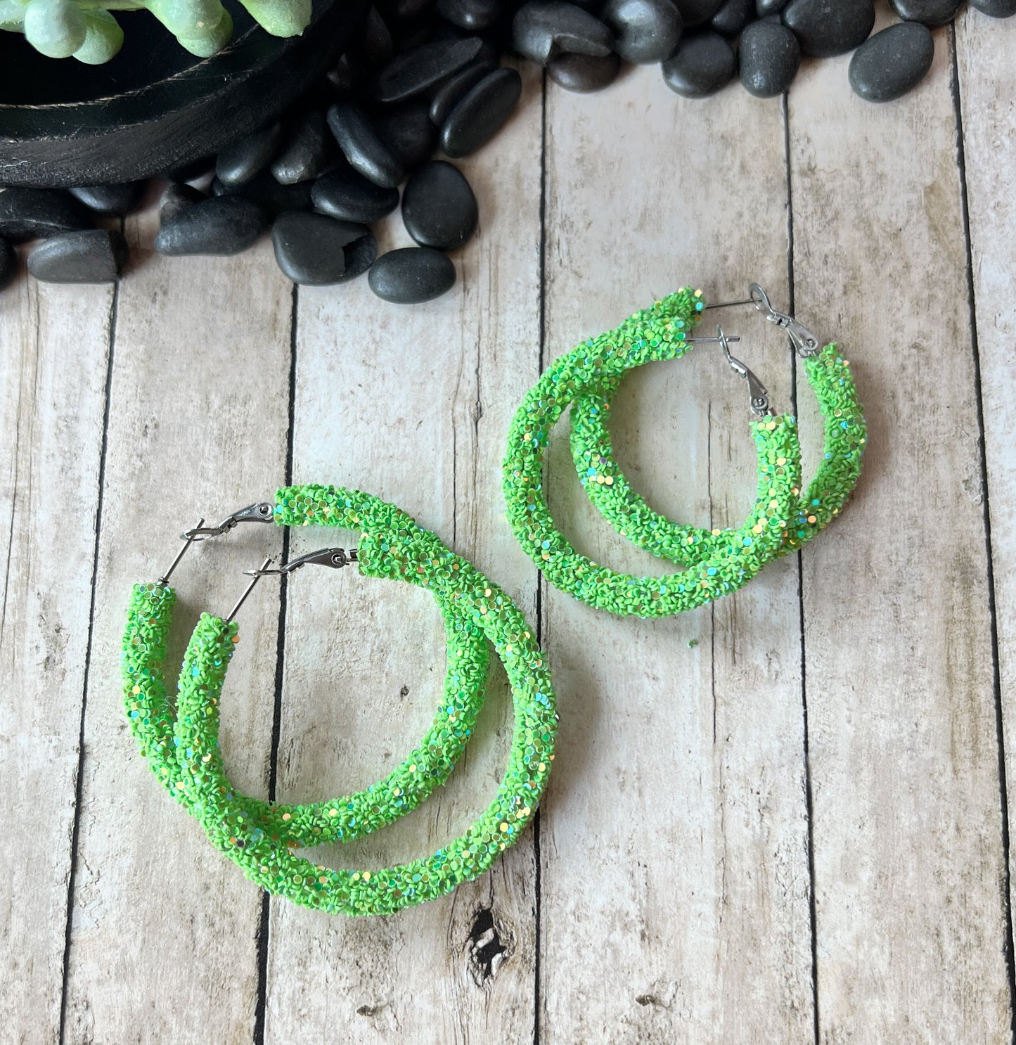 Lime Sparkle Large Hoop Pierced Earrings