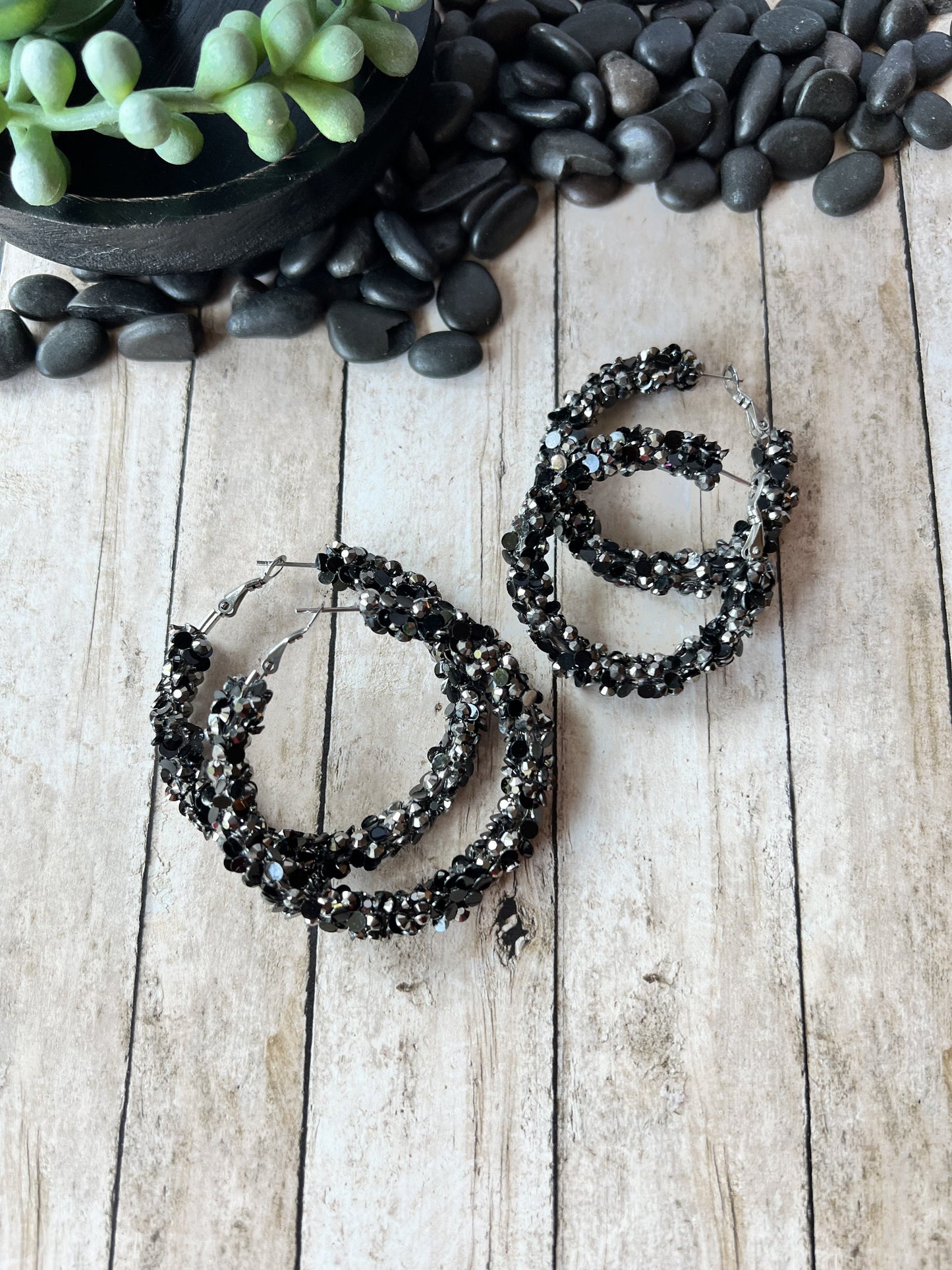 Charcoal Mix Sparkle Medium Hoop Pierced Earrings