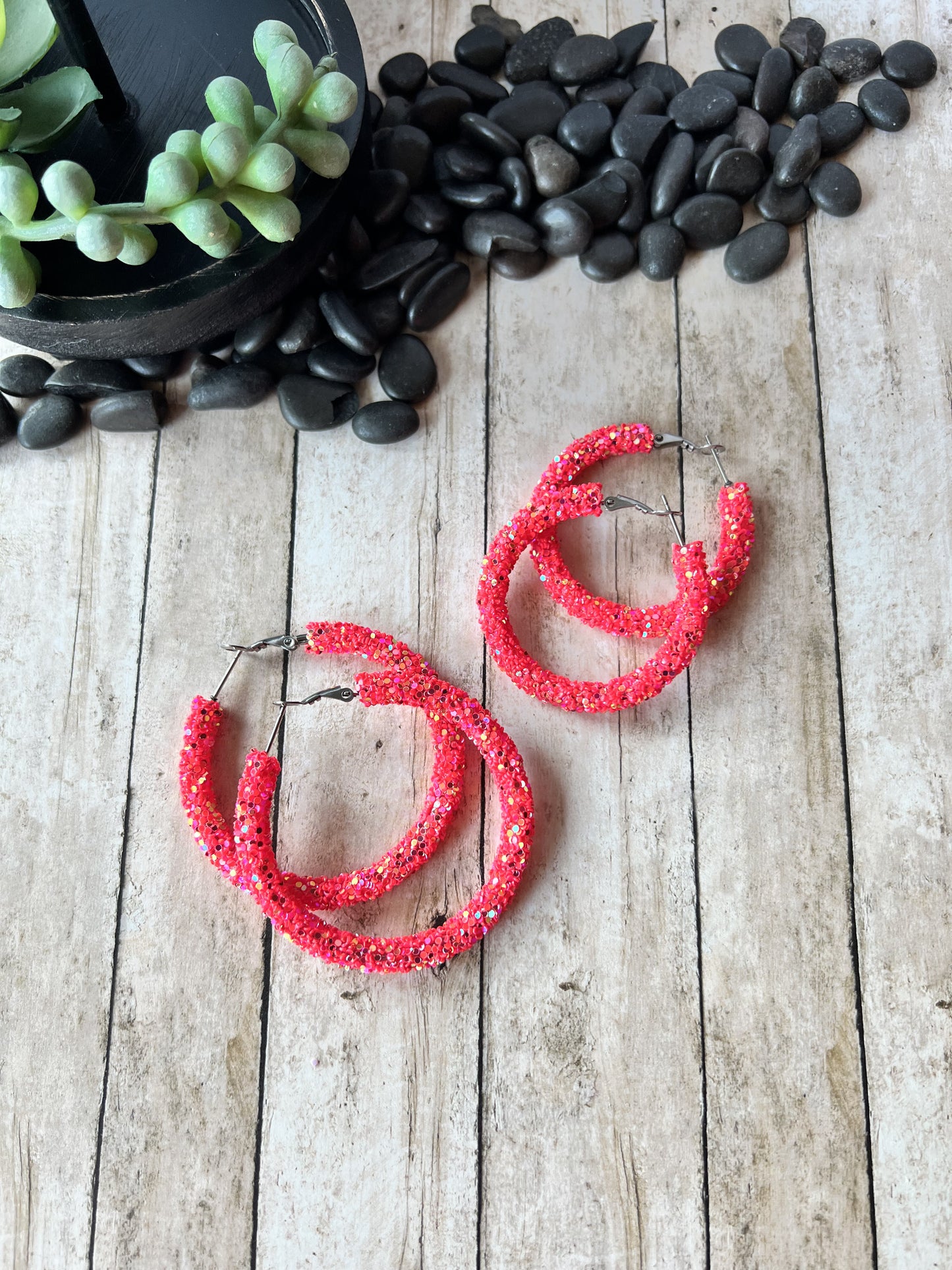 Coral Sparkle Large Hoop Pierced Earrings