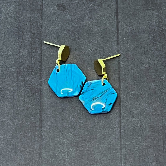 Turquoise Hex Gold Drop Pierced Earrings