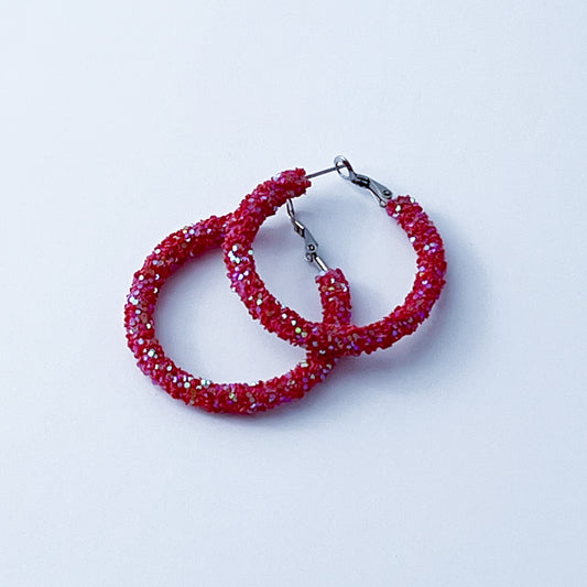 Red Sparkle Medium Hoop Pierced Earrings