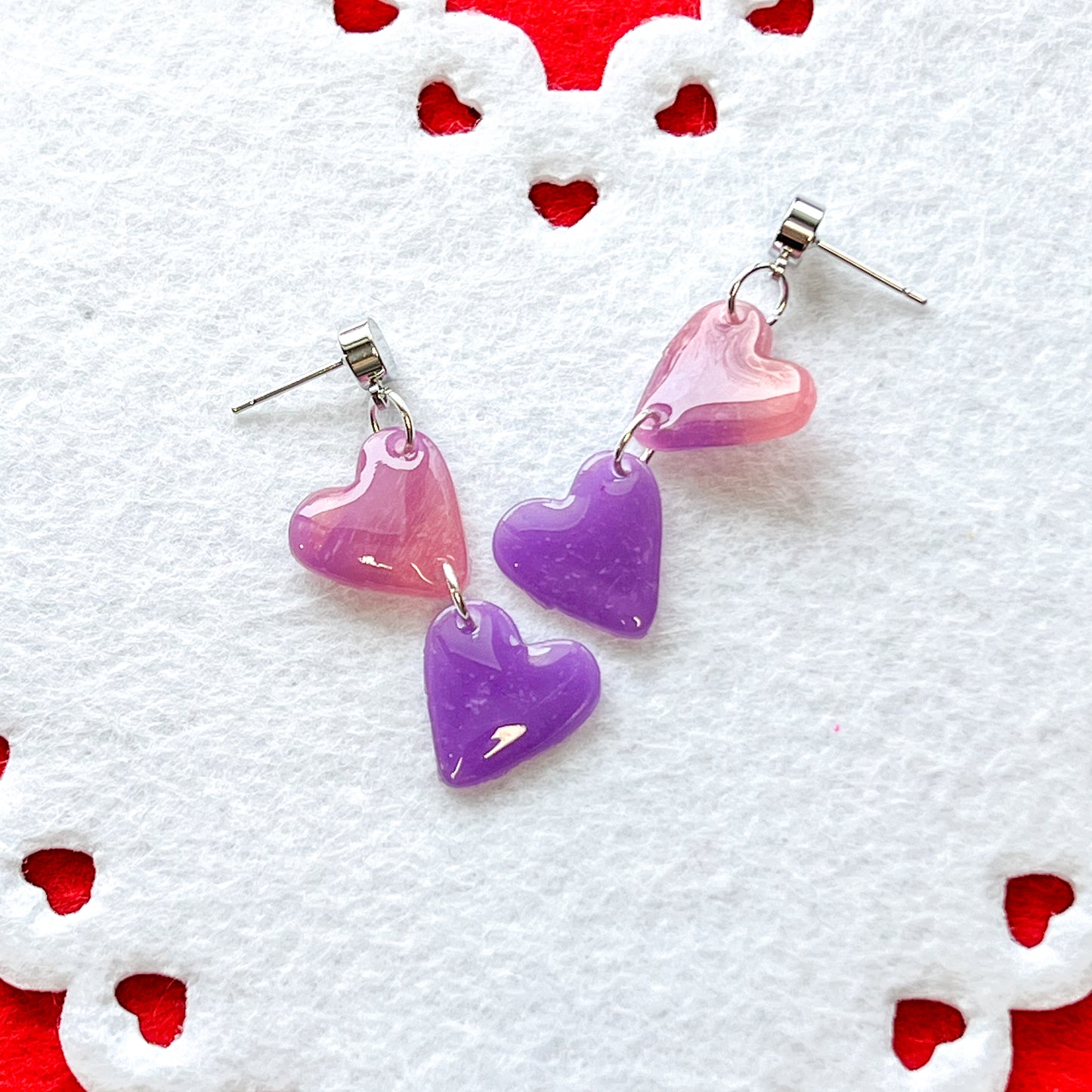 Lilac Sheer Two Hearts Drop Pierced Earrings