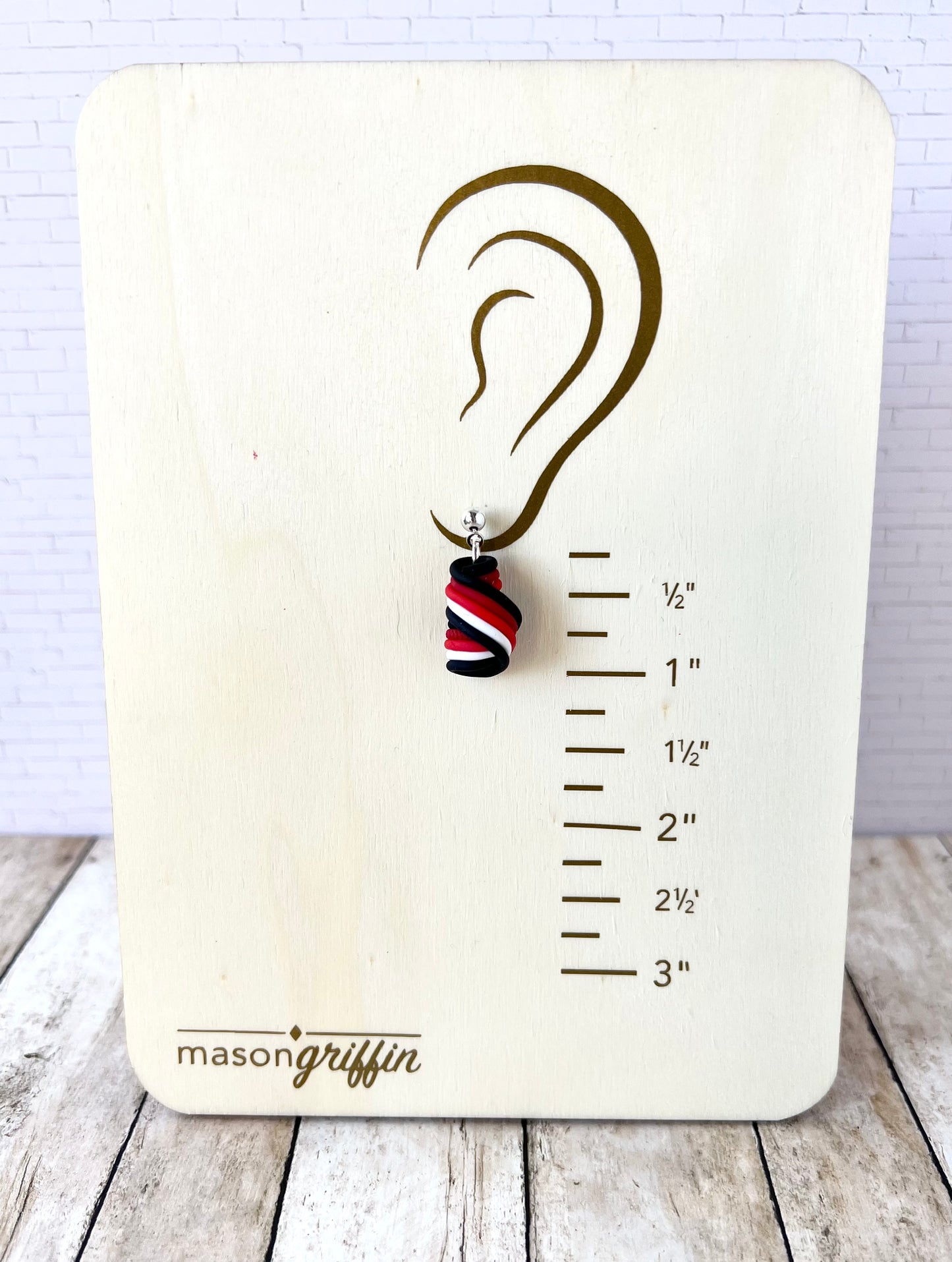 Red Black n White Stripe Swirl Short Pierced Earrings