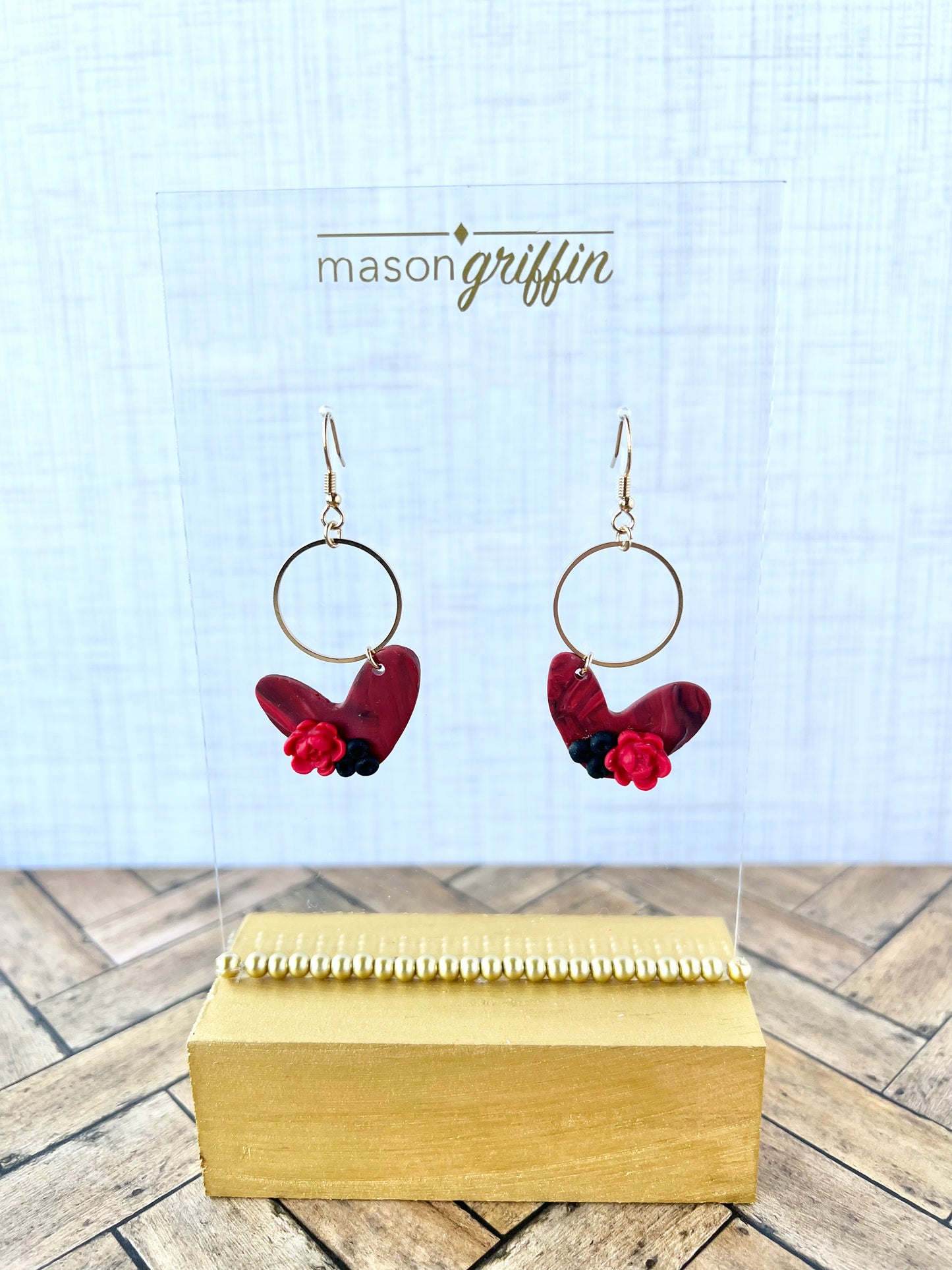 Red Marble Hearts and Gold Hoop Pierced Earrings