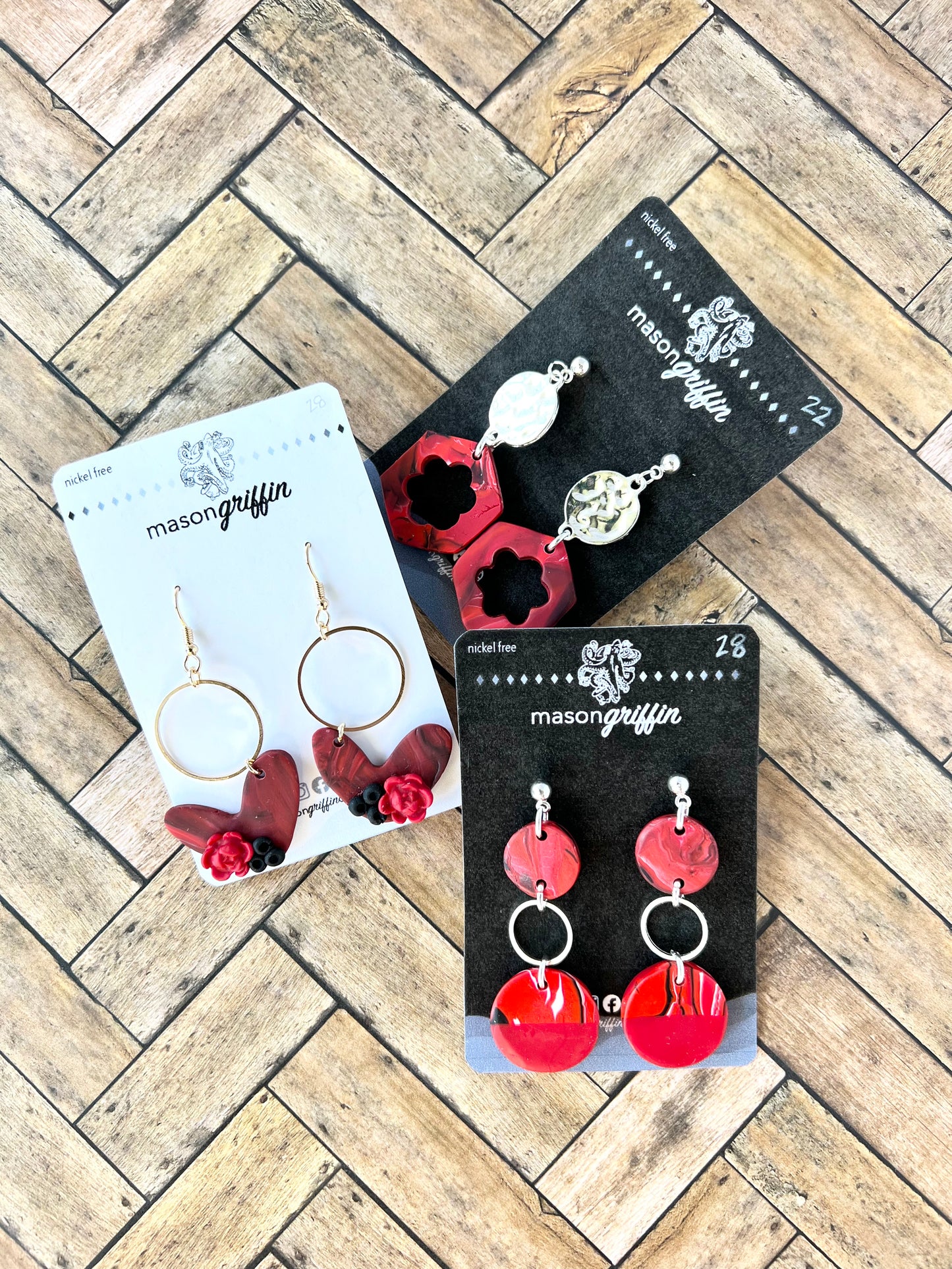 Red Marble Hearts and Gold Hoop Pierced Earrings