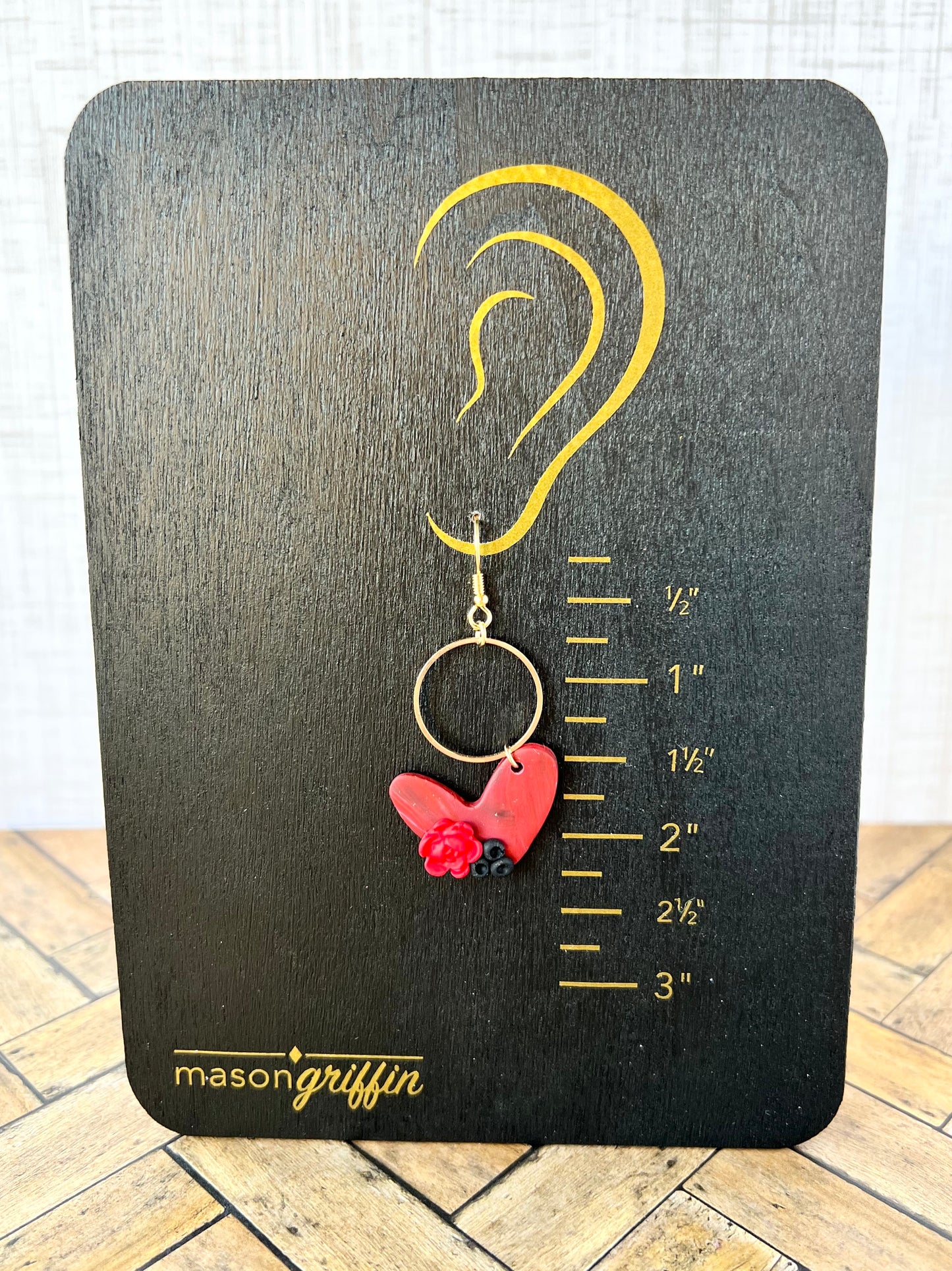 Red Marble Hearts and Gold Hoop Pierced Earrings